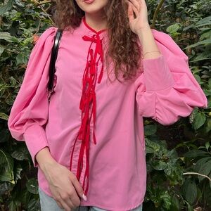 Pink Blouse with Red Accents Bows